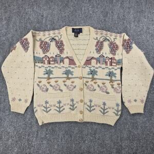 Allen Solly Cardigan Womens Medium Cottagecore Knit Scenic Grapes Floral Grandma